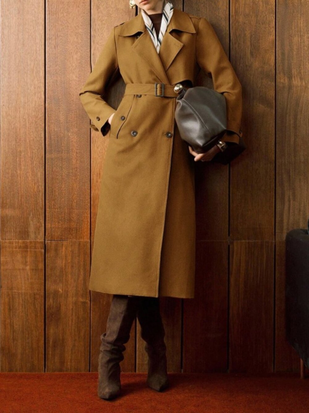 Camel Tan Double-Breasted Trench Coat with Belted Waist